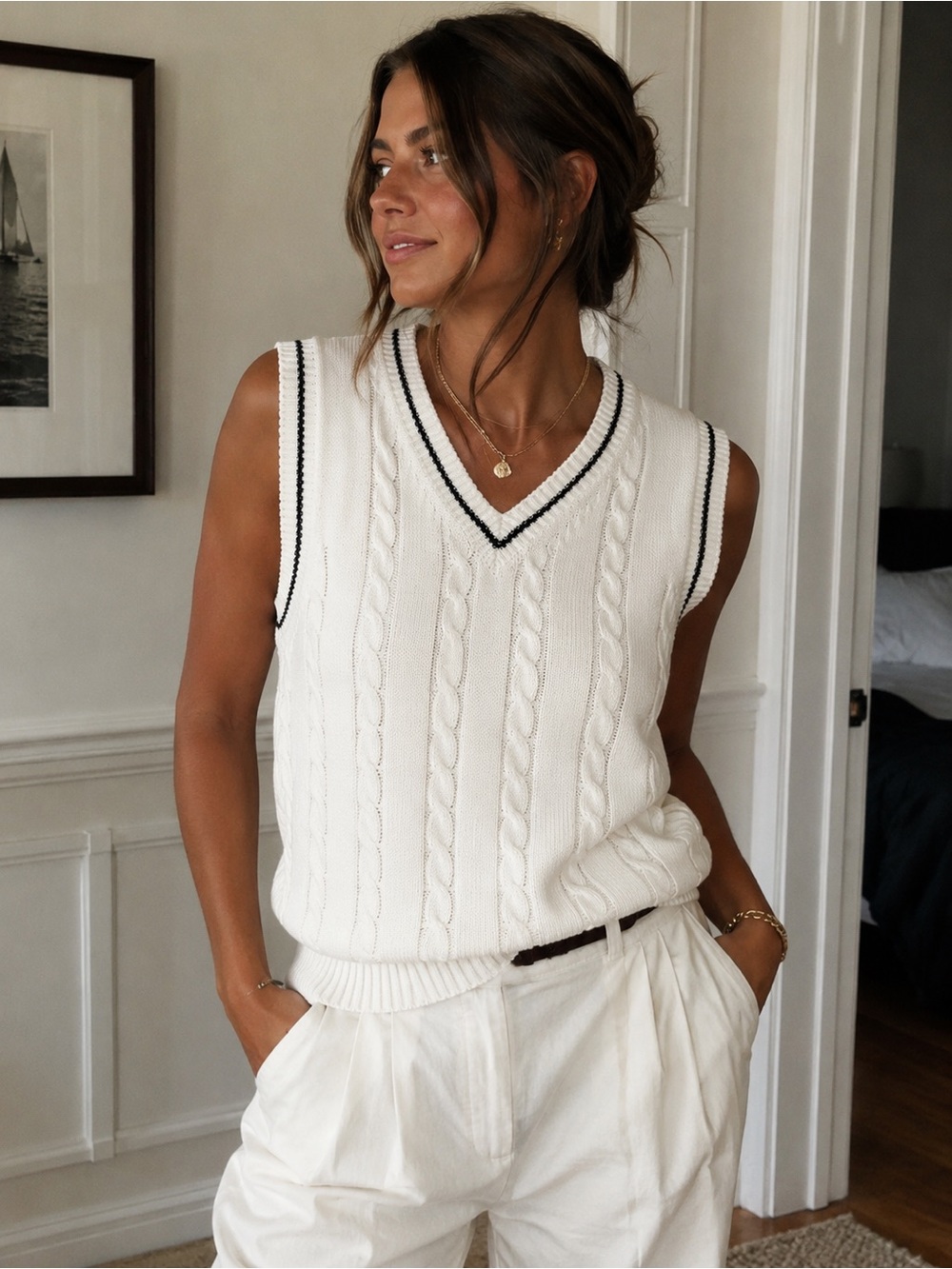 COOFANDY Cable Knit Cricket Sweater Vest Ivory Black Preppy Ild Money Tennis M